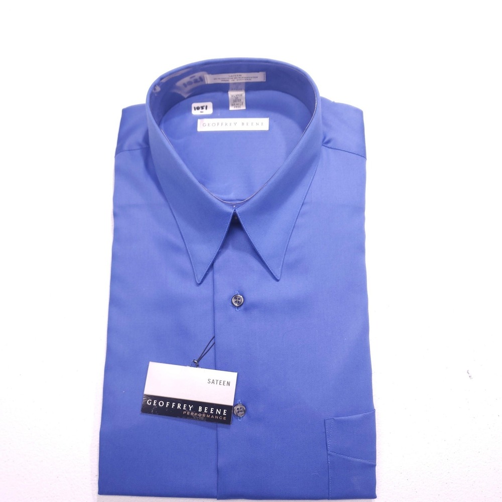 Geoffrey Beene Dress Shirt Mens XL 17 32/33 Blue Wrinkle Free Sateen